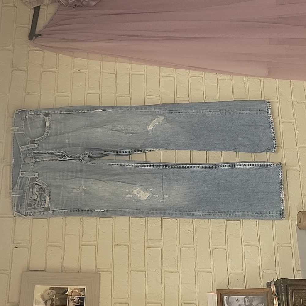 True Religion Light Blue Distressed Bootcut Jeans